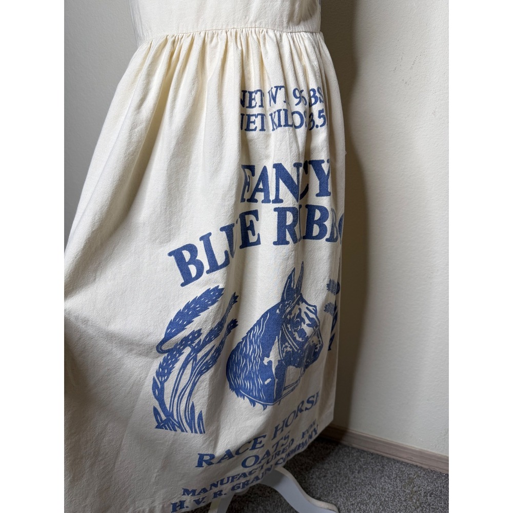 Feed Sack Dress Medium Blue Ribbon Horse Flour Upcycled Cottagecore Farmcore - Picture 14 of 16